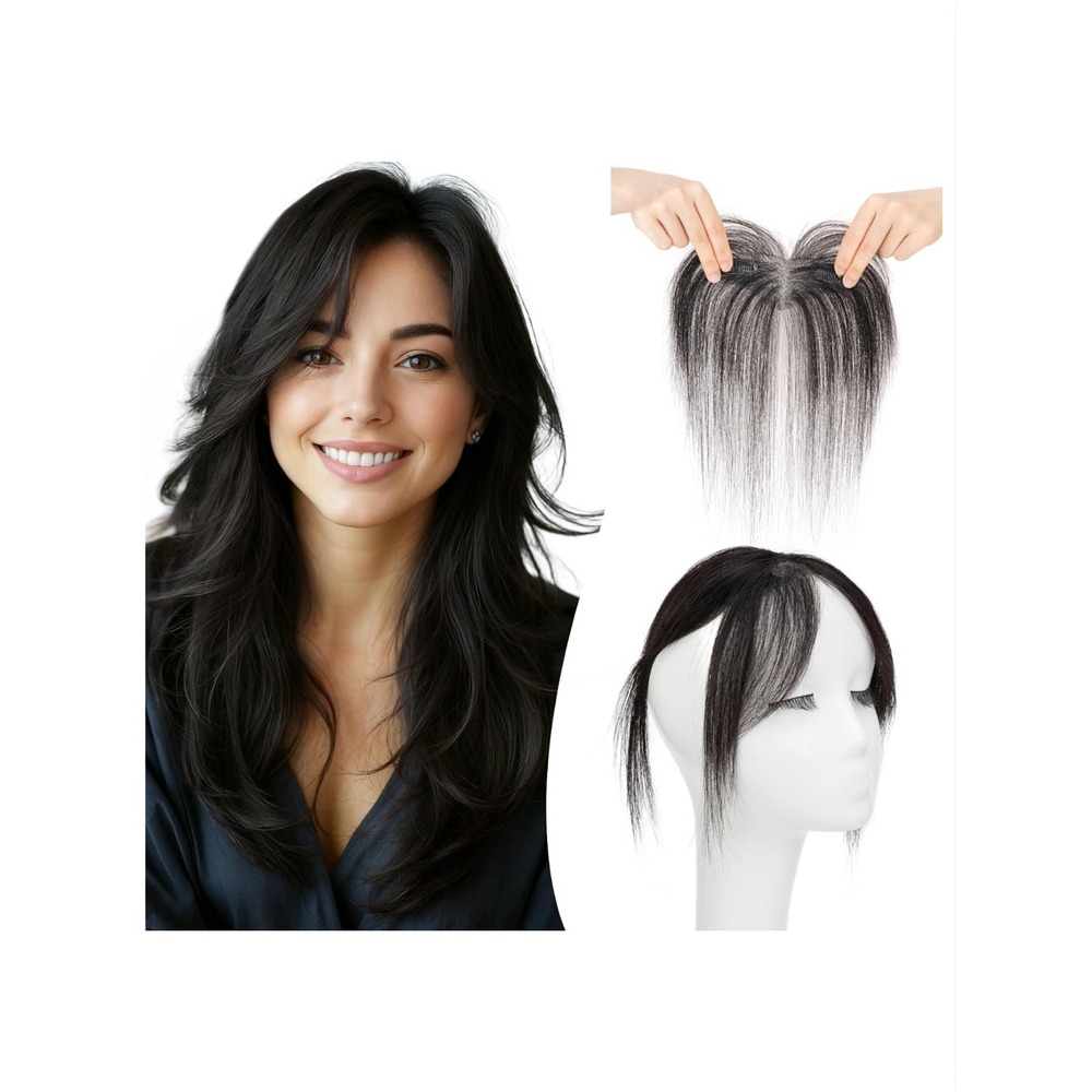 Tesshair Clip in Bangs 100% Real Human Hair Middle Part Natural Black 11g #1B